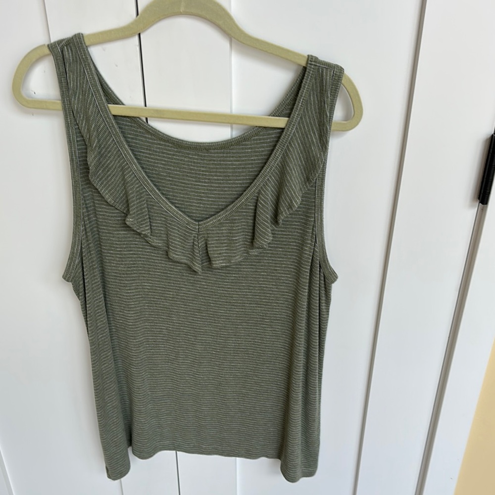 CAbi Olive Green Striped Ruffled Tank Top